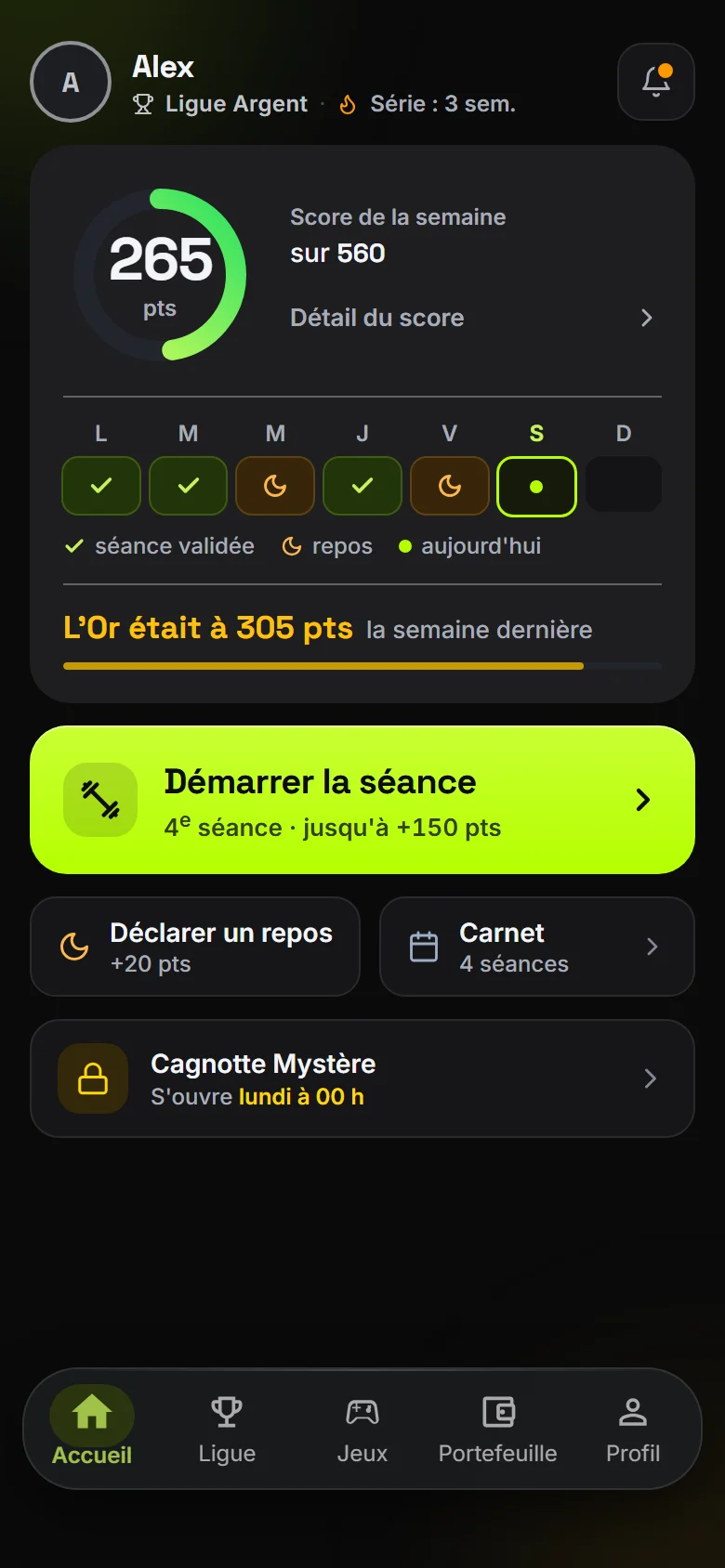 Aperçu illustratif de l'écran Accueil de l'app RepLeague