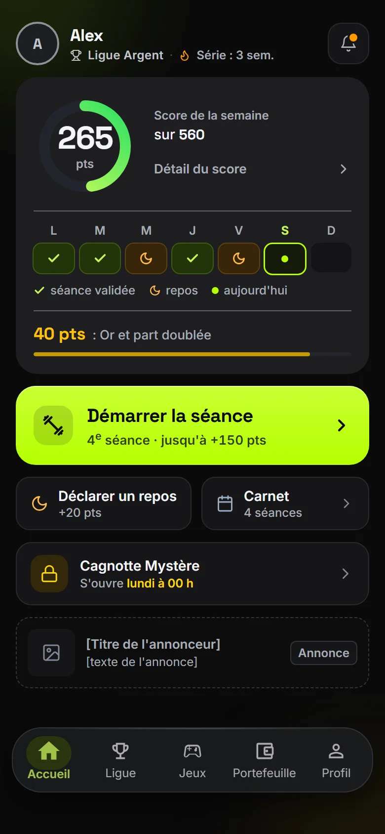 Aperçu illustratif de l'écran Accueil de l'app RepLeague