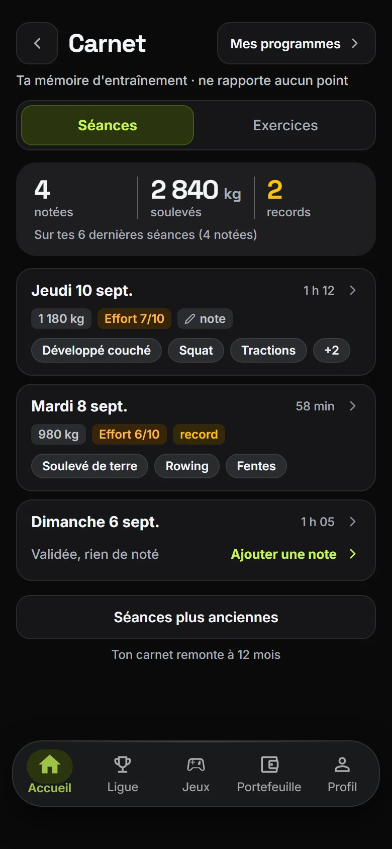 Aperçu illustratif de l'écran Carnet de l'app RepLeague