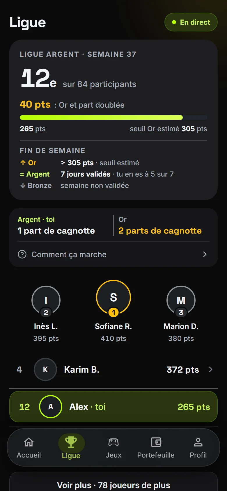 Aperçu illustratif de l'écran Ligue de l'app RepLeague